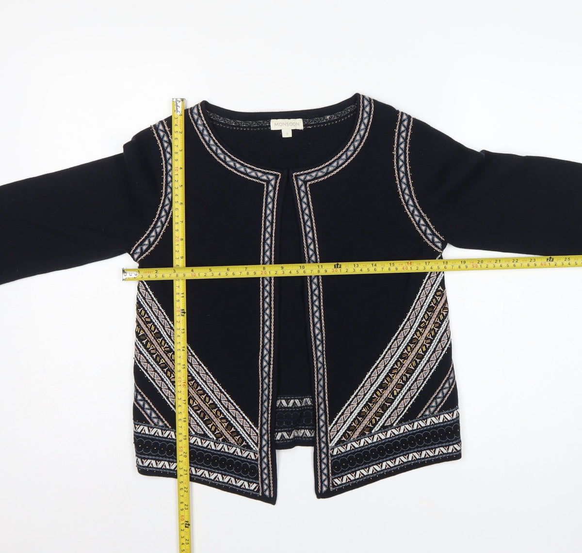 Monsoon Women Black Aztec Embroidered Open Cardigan Size S