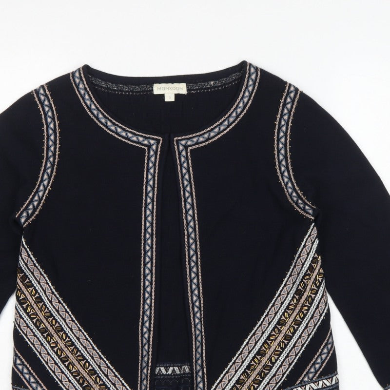 Monsoon Women Black Aztec Embroidered Open Cardigan Size S