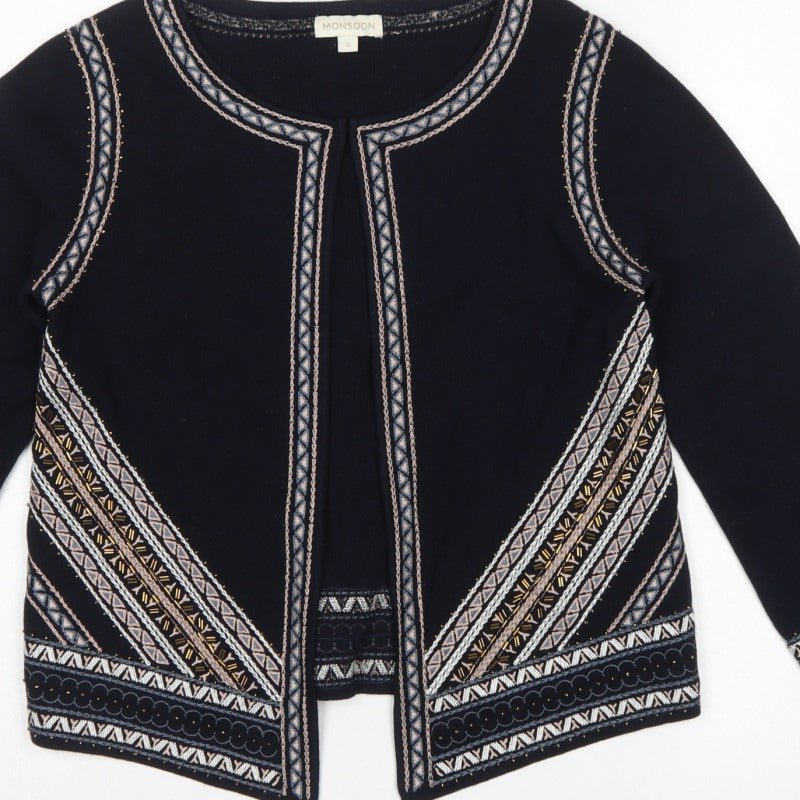 Monsoon Women Black Aztec Embroidered Open Cardigan Size S