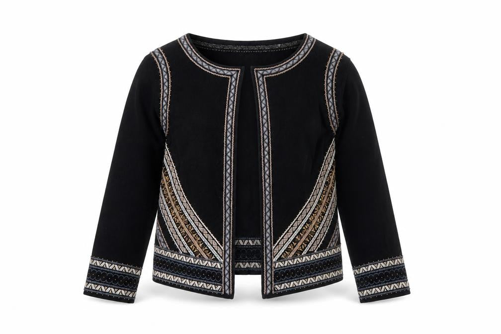 Monsoon Women Black Aztec Embroidered Open Cardigan Size S