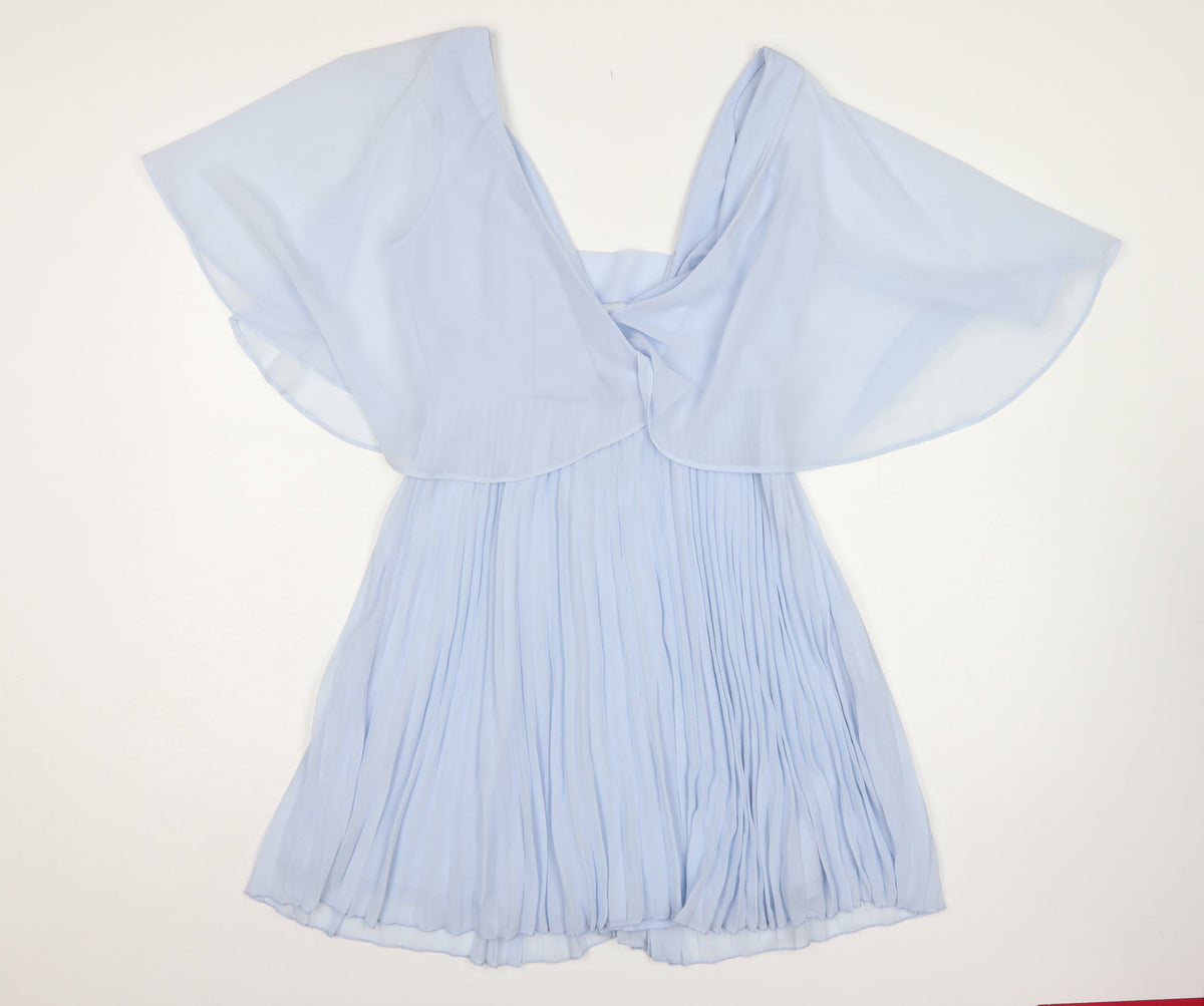 ASOS Women Blue UK 10 Fit & Flare Pleated Chiffon Flutter Sleeve Dress