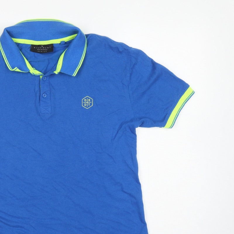 Dissident Mens Blue M Cotton Polo Shirt Neon Trim Logo Short Sleeve