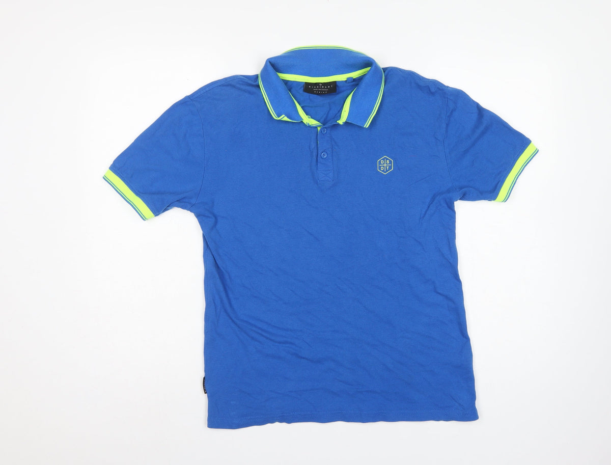 Dissident Mens Blue M Cotton Polo Shirt Neon Trim Logo Short Sleeve