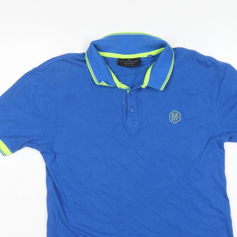 Dissident Mens Blue M Cotton Polo Shirt Neon Trim Logo Short Sleeve