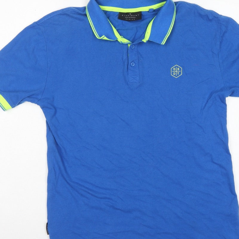 Dissident Mens Blue M Cotton Polo Shirt Neon Trim Logo Short Sleeve