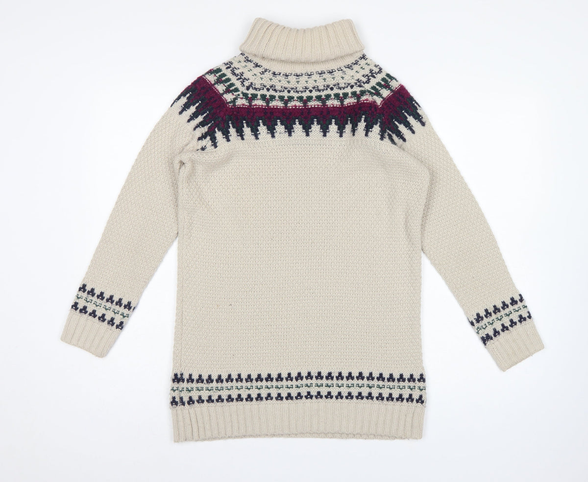 Marks and Spencer Women Beige UK 12 Fair Isle Roll Neck Jumper