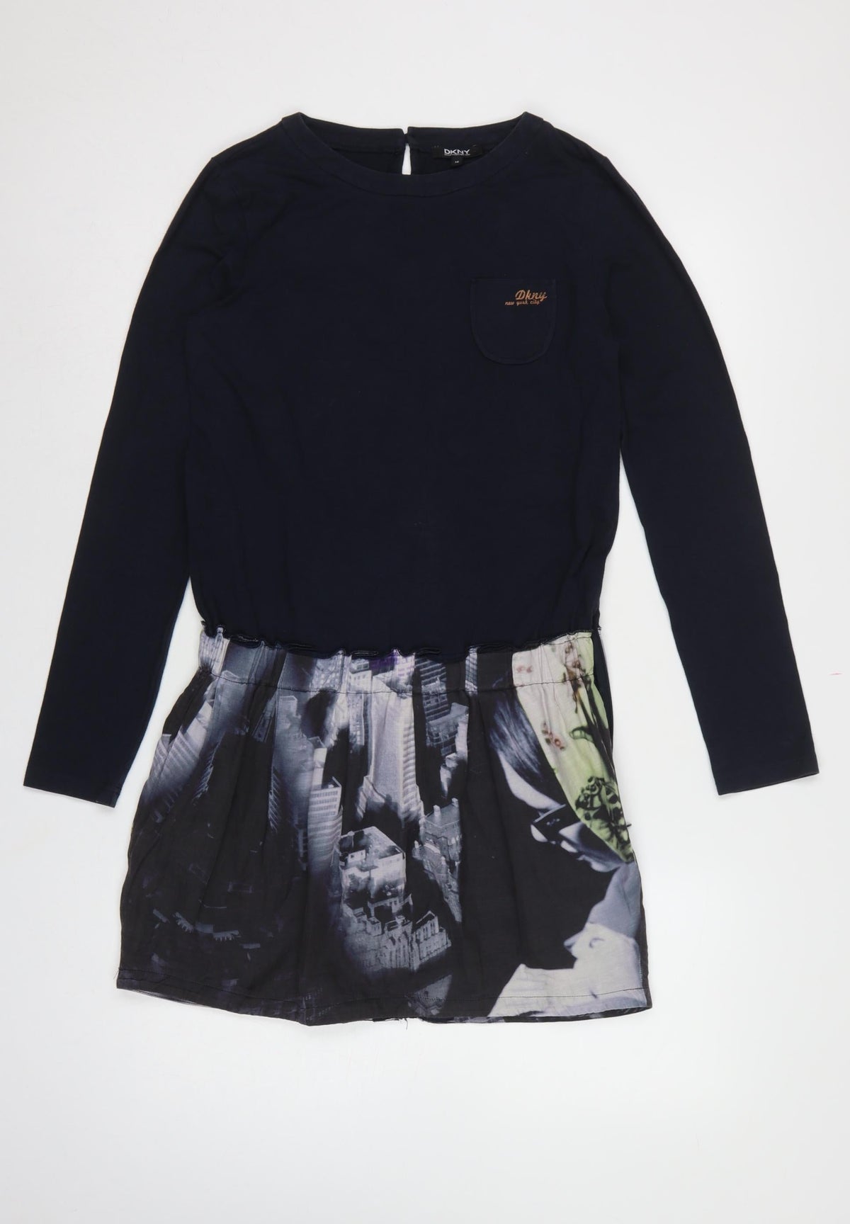 DKNY Women Navy Blue UK 16 Long Sleeve City Print Tunic Blouse