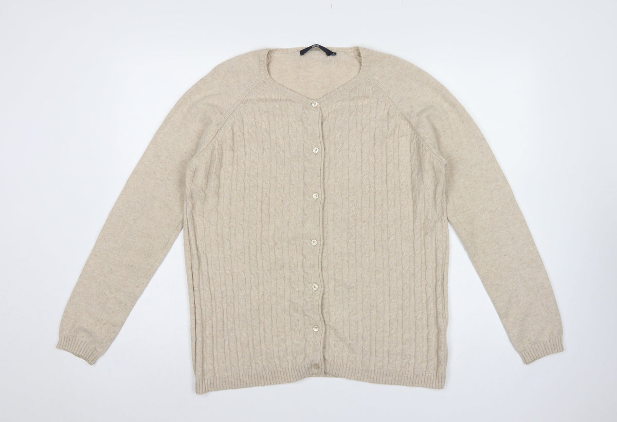 Isle Essentials Women’s Beige Cable Knit Merino Blend Cardigan UK 14