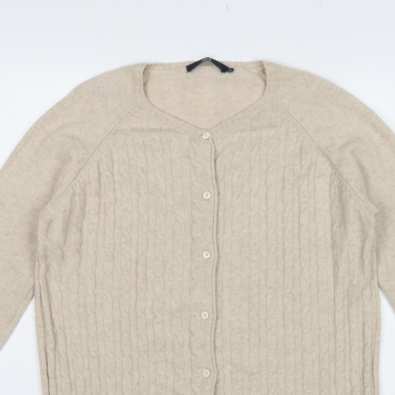 Isle Essentials Women’s Beige Cable Knit Merino Blend Cardigan UK 14