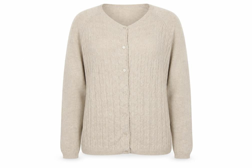 Isle Essentials Women’s Beige Cable Knit Merino Blend Cardigan UK 14