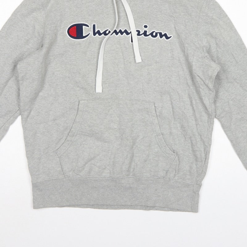 Champion Men Grey L Pullover Hoodie Embroidered Logo Pockets