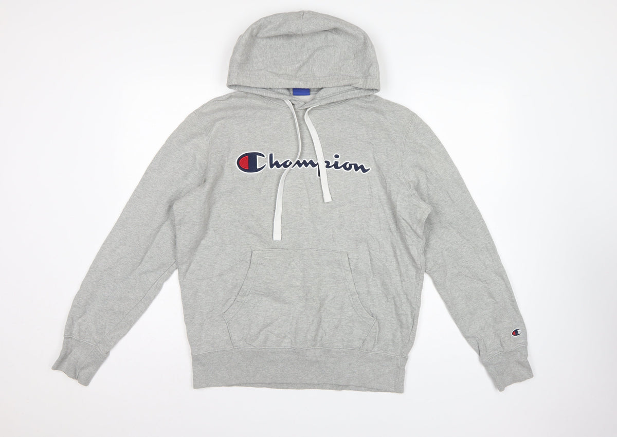 Champion Men Grey L Pullover Hoodie Embroidered Logo Pockets