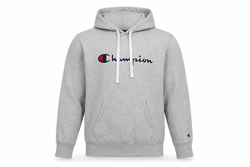 Champion Men Grey L Pullover Hoodie Embroidered Logo Pockets