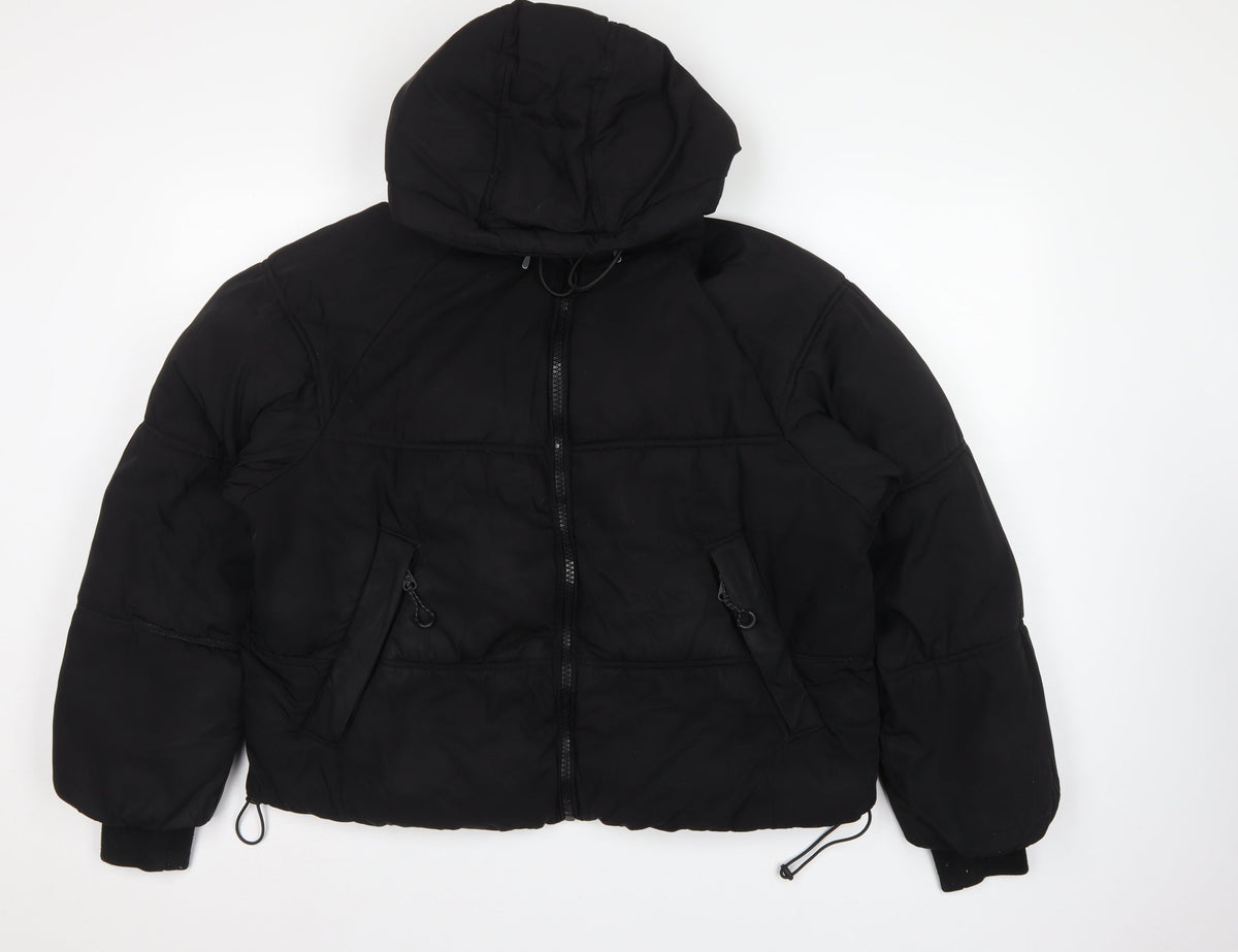 Pull&Bear Women Black S Cropped Hooded Puffer Jacket Zip