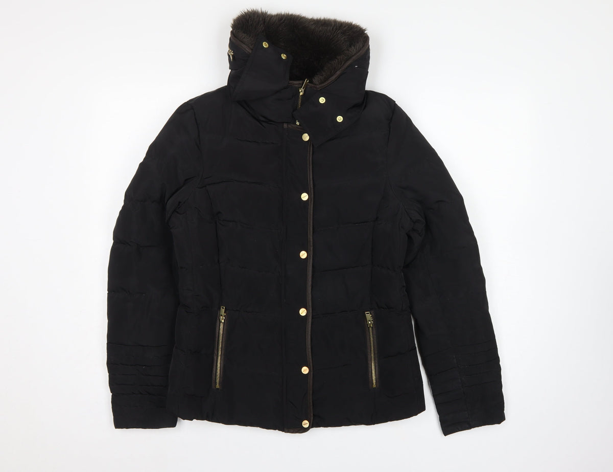 H&M Women Black Size 10 Hooded Down Puffer Jacket Gold Zip