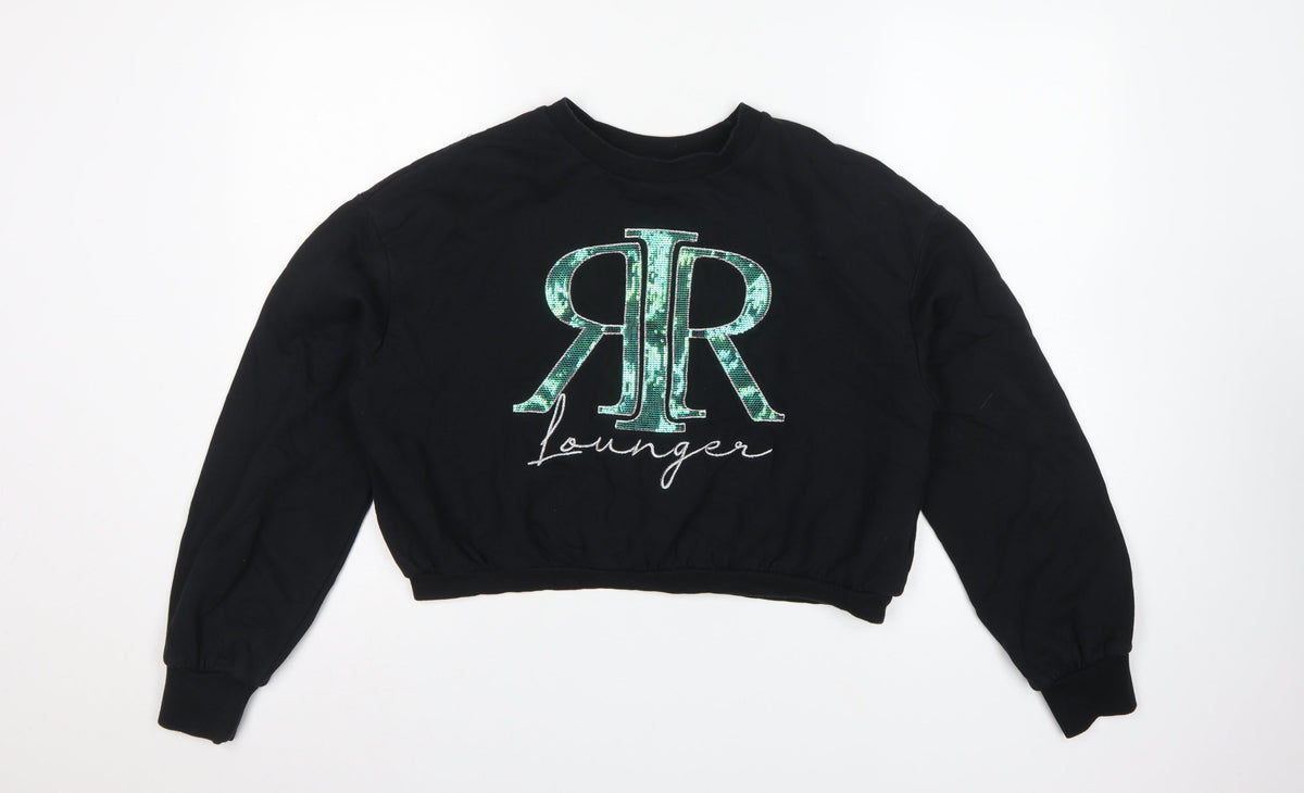 River Island Girls Black 15-16 Years Sequin Logo Pullover Sweatshirt