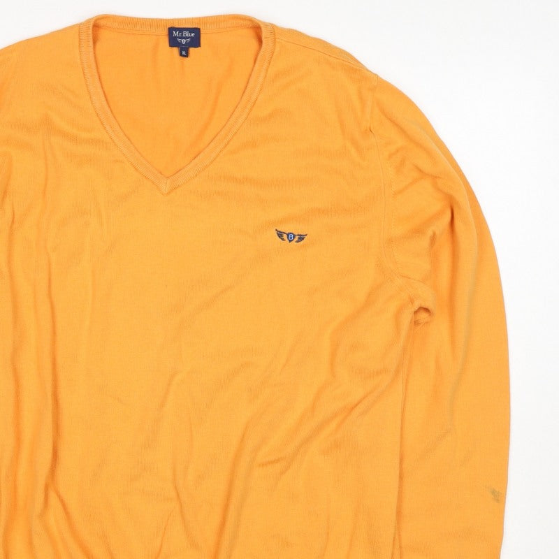 Mr.Blue Men's Orange XL V-Neck Cotton Knit Pullover Logo Jumper