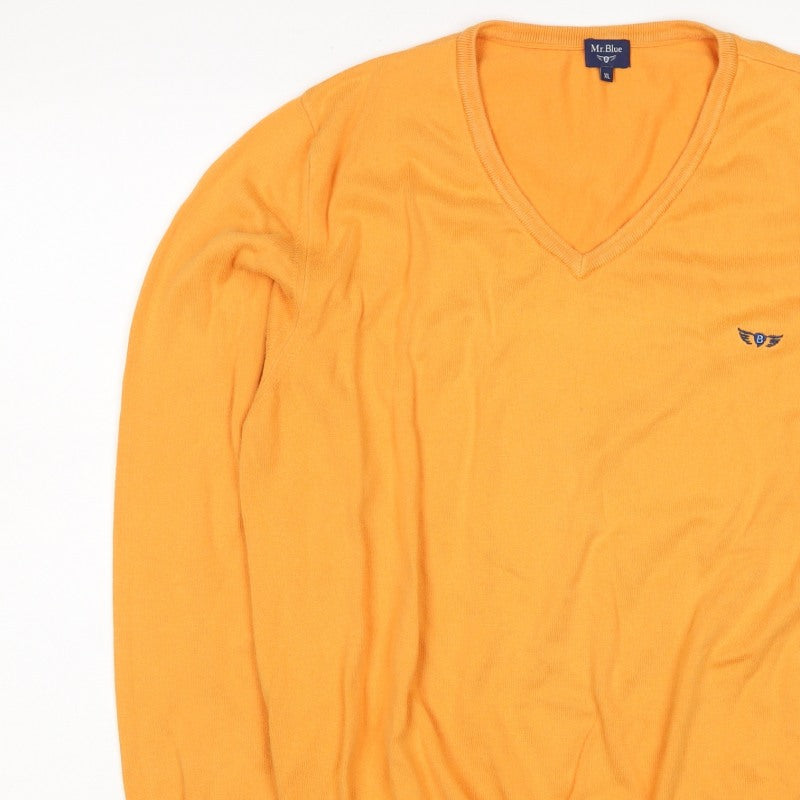 Mr.Blue Men's Orange XL V-Neck Cotton Knit Pullover Logo Jumper