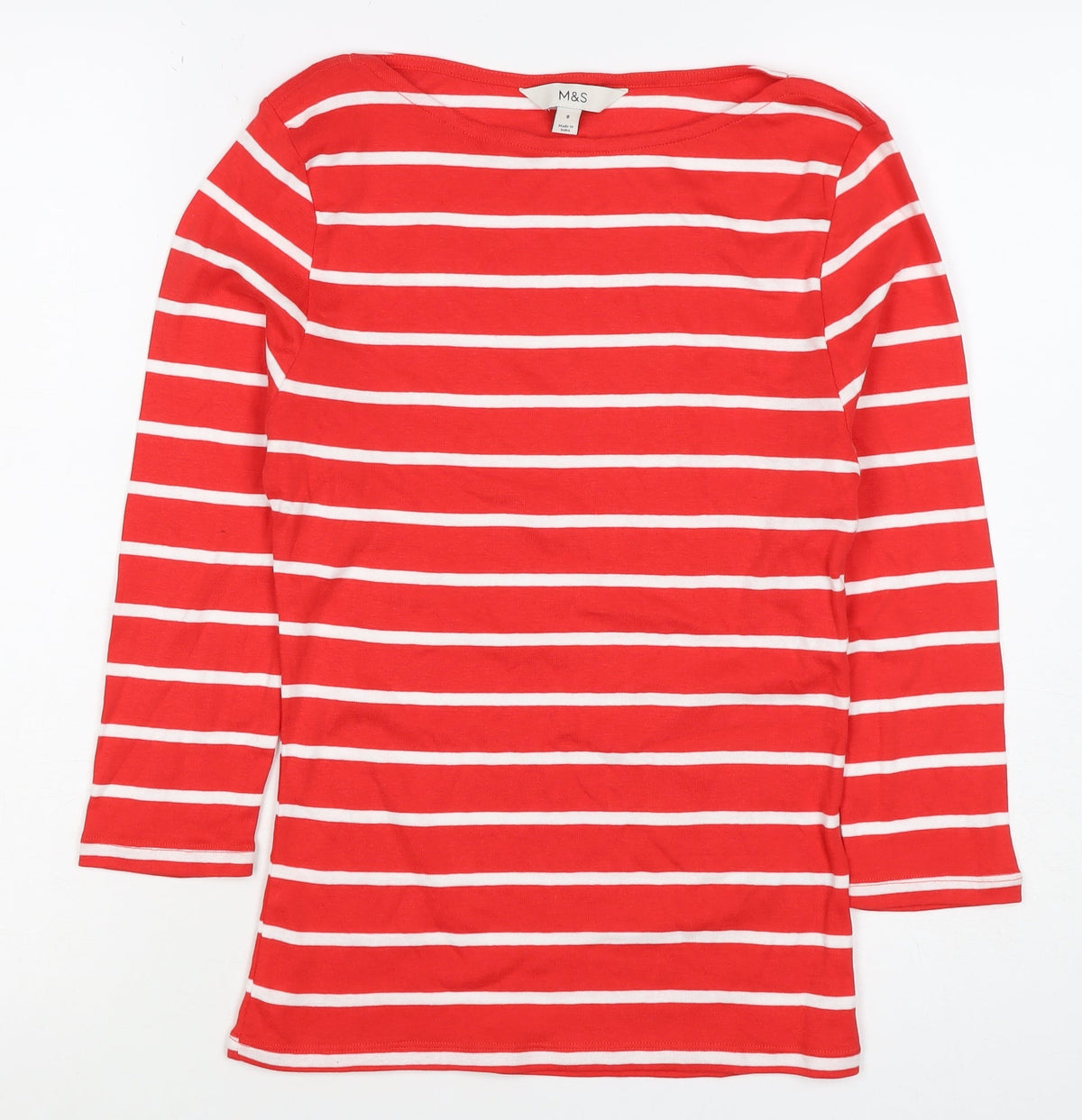 Marks and Spencer Women Red Stripe Basic Boat Neck Long Sleeve Top UK 8