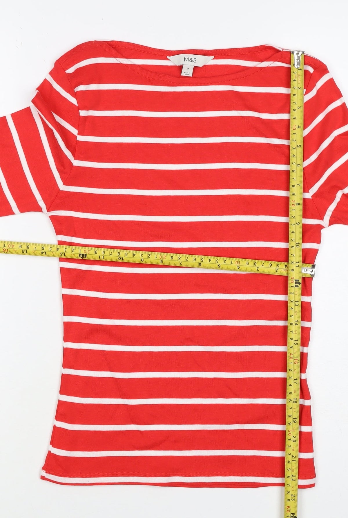 Marks and Spencer Women Red Stripe Basic Boat Neck Long Sleeve Top UK 8