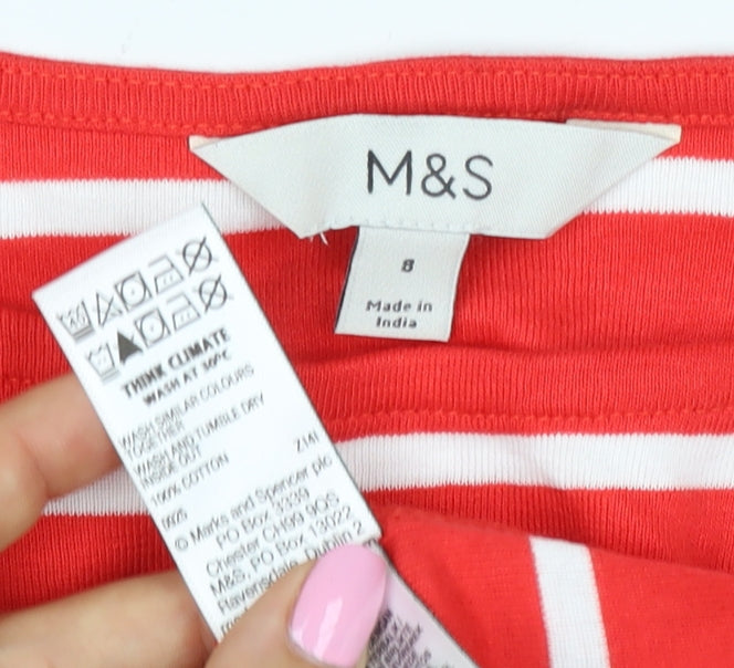 Marks and Spencer Women Red Stripe Basic Boat Neck Long Sleeve Top UK 8