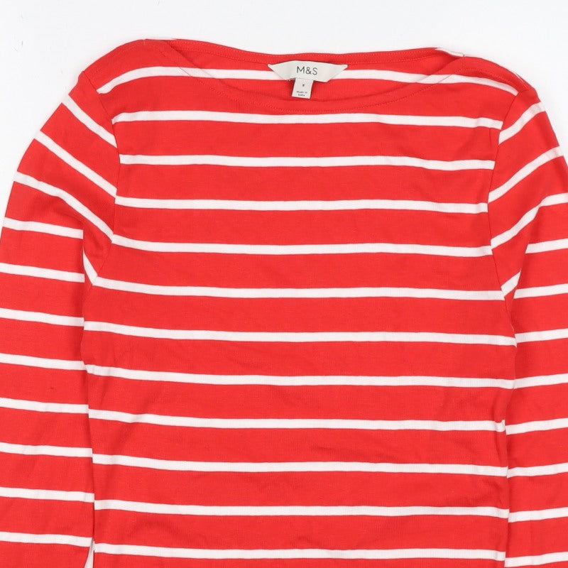 Marks and Spencer Women Red Stripe Basic Boat Neck Long Sleeve Top UK 8