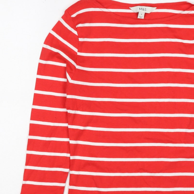 Marks and Spencer Women Red Stripe Basic Boat Neck Long Sleeve Top UK 8
