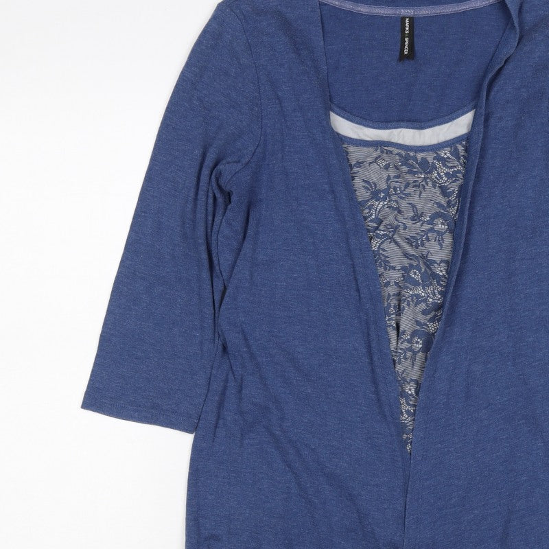 Marks & Spencer Women Blue UK 14 Open Front Floral 3/4 Sleeve Blouse
