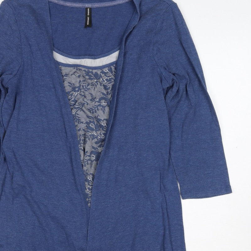 Marks & Spencer Women Blue UK 14 Open Front Floral 3/4 Sleeve Blouse