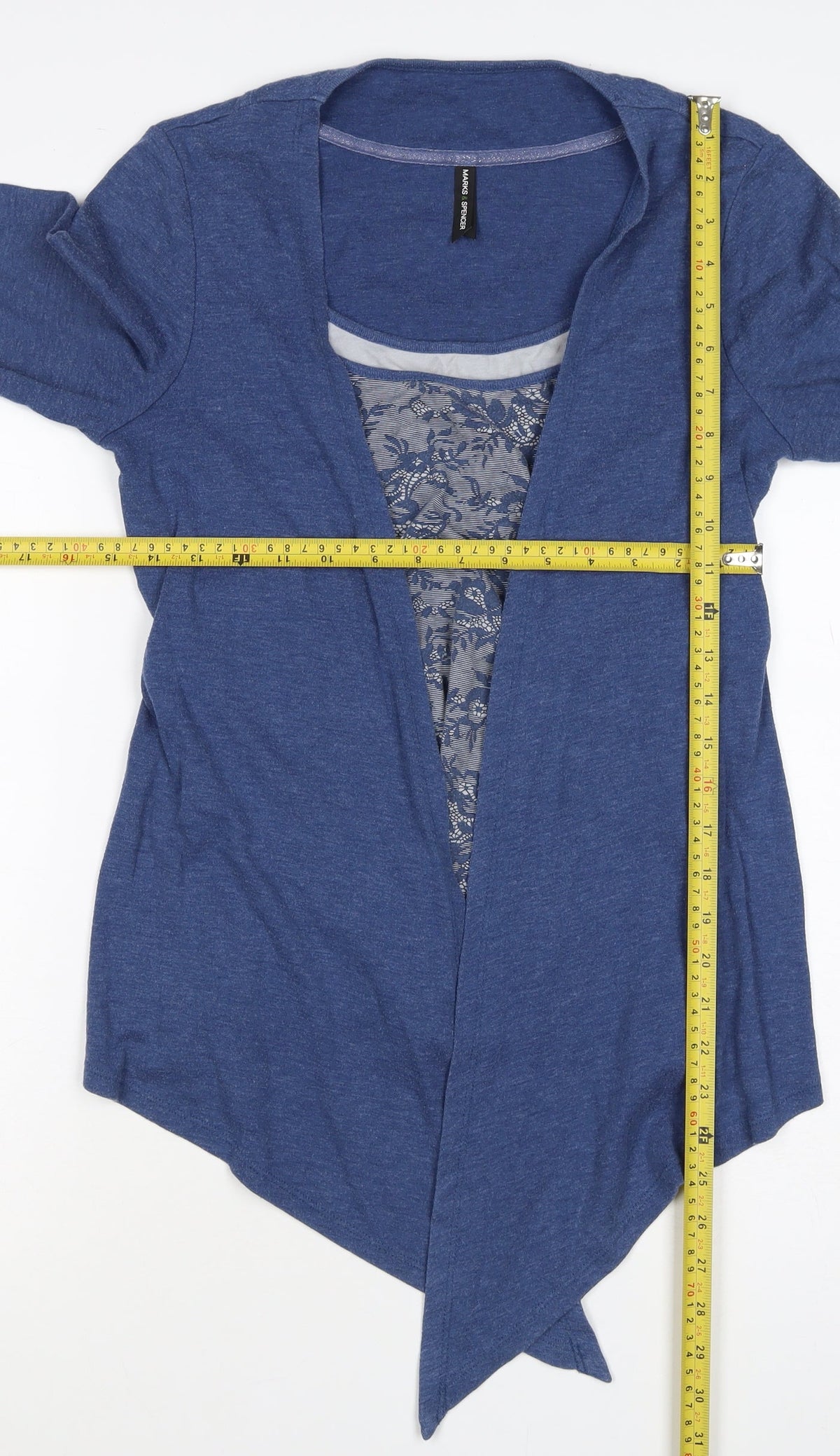 Marks & Spencer Women Blue UK 14 Open Front Floral 3/4 Sleeve Blouse