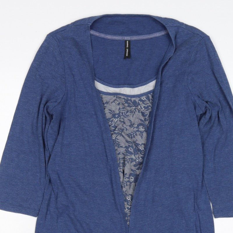 Marks & Spencer Women Blue UK 14 Open Front Floral 3/4 Sleeve Blouse