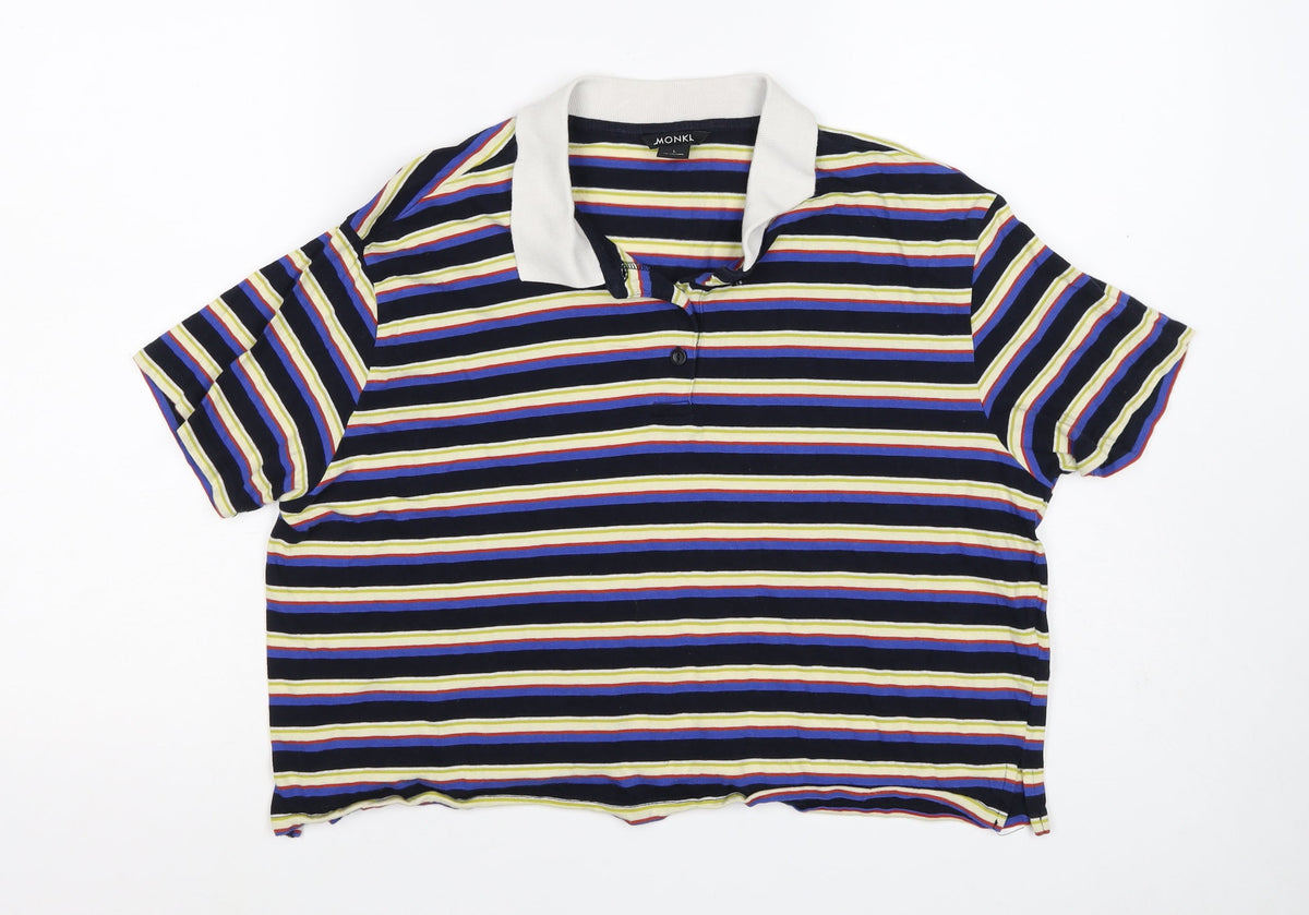 Monki Women Multicoloured L Striped Cotton Short Sleeve Polo Top