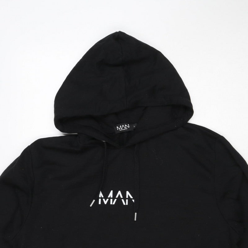 boohooMAN Men’s Black L Logo Pullover Hoodie Drawstring Pockets