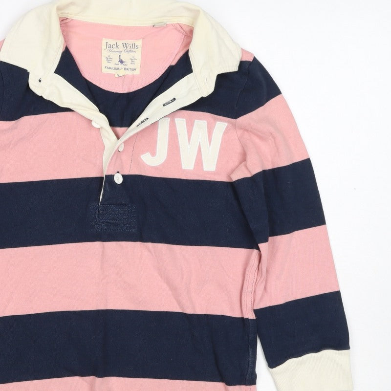 Jack Wills Women Pink Navy UK 10 Striped Long Sleeve Rugby Polo Top
