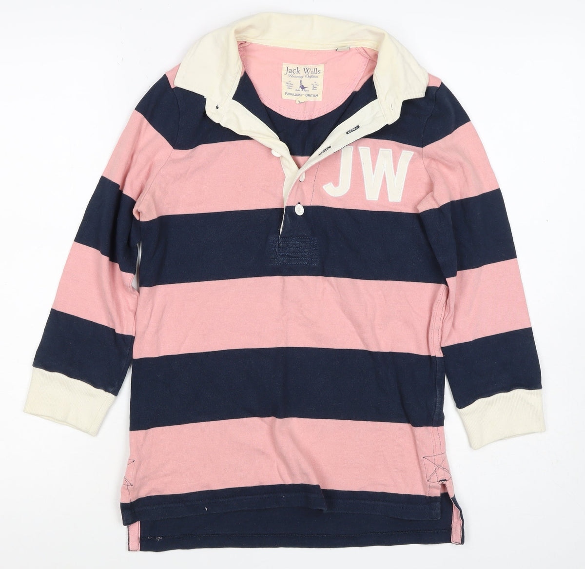 Jack Wills Women Pink Navy UK 10 Striped Long Sleeve Rugby Polo Top