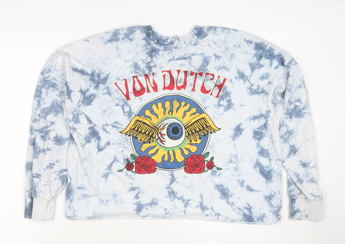 Von Dutch Women Blue Tie Dye Logo Sweatshirt M Crew Neck