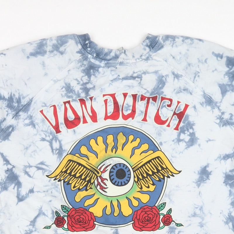 Von Dutch Women Blue Tie Dye Logo Sweatshirt M Crew Neck