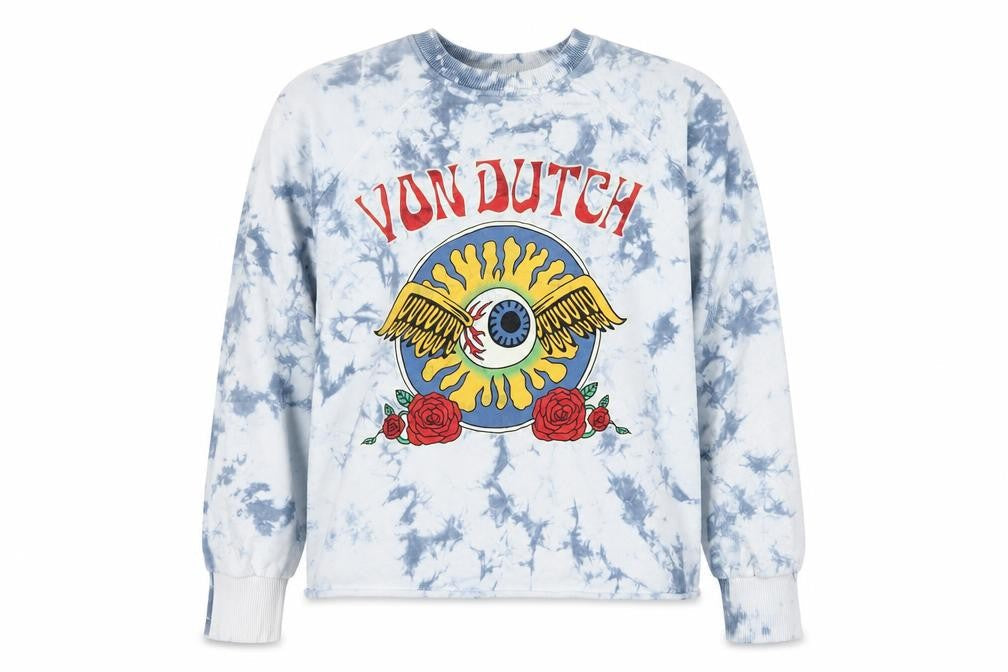 Von Dutch Women Blue Tie Dye Logo Sweatshirt M Crew Neck