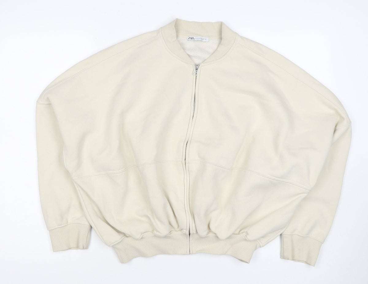 Zara Women’s Ivory S Full Zip Cotton Blend Bomber Sweatshirt