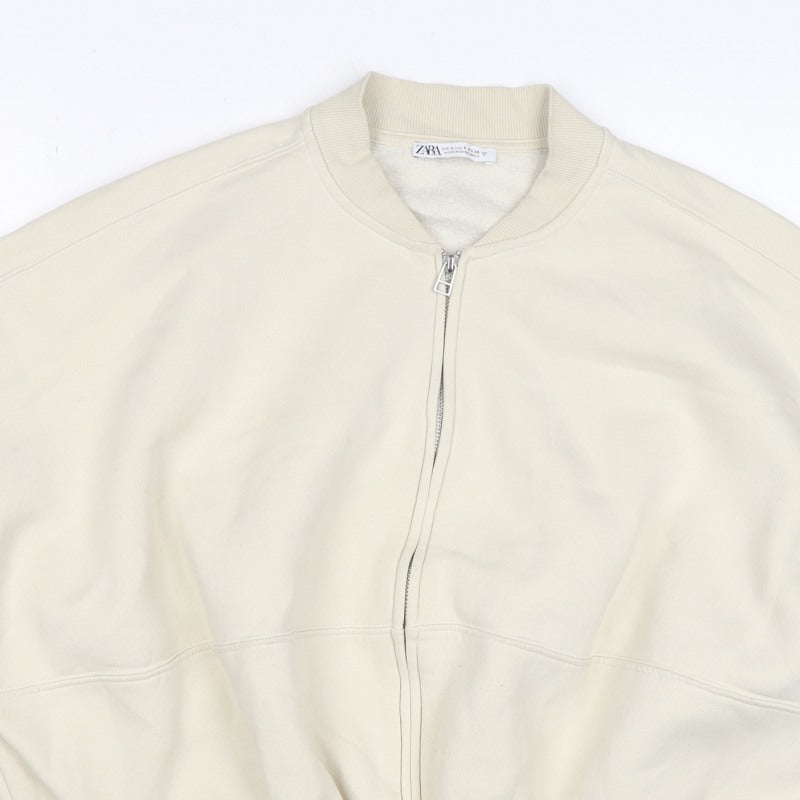 Zara Women’s Ivory S Full Zip Cotton Blend Bomber Sweatshirt