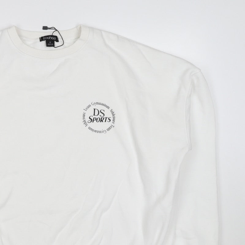Boohoo Men’s White M DS Sports Logo Graphic Crew Neck Pullover Sweatshirt