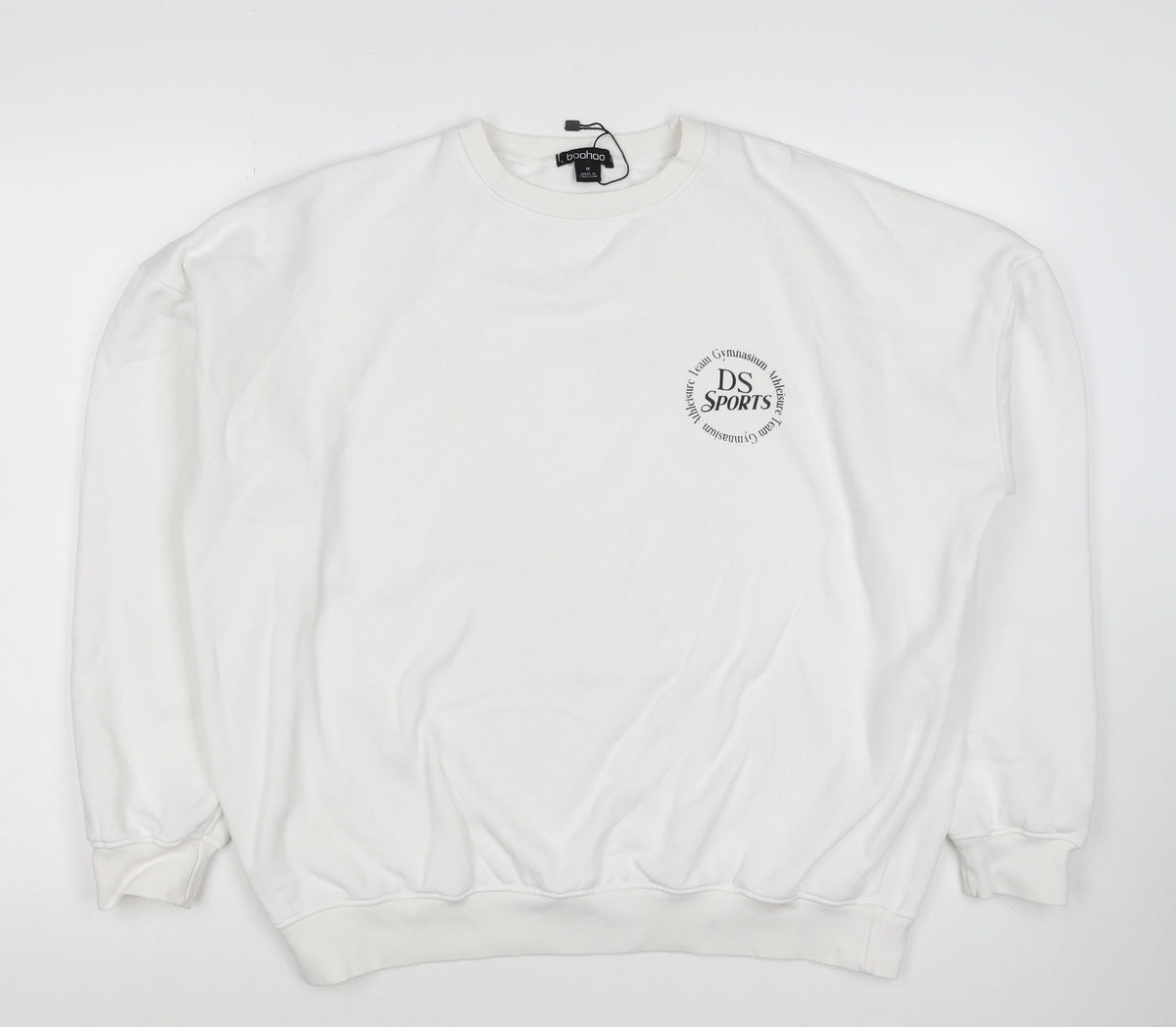 Boohoo Men’s White M DS Sports Logo Graphic Crew Neck Pullover Sweatshirt