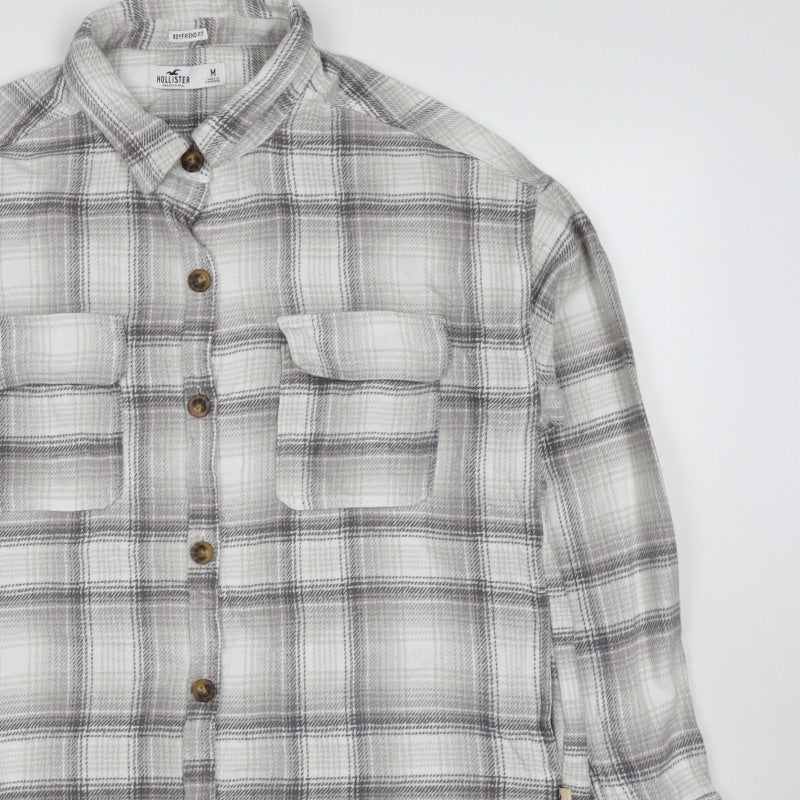 Hollister Men Grey M Plaid Flannel Button-Up Long Sleeve Shirt