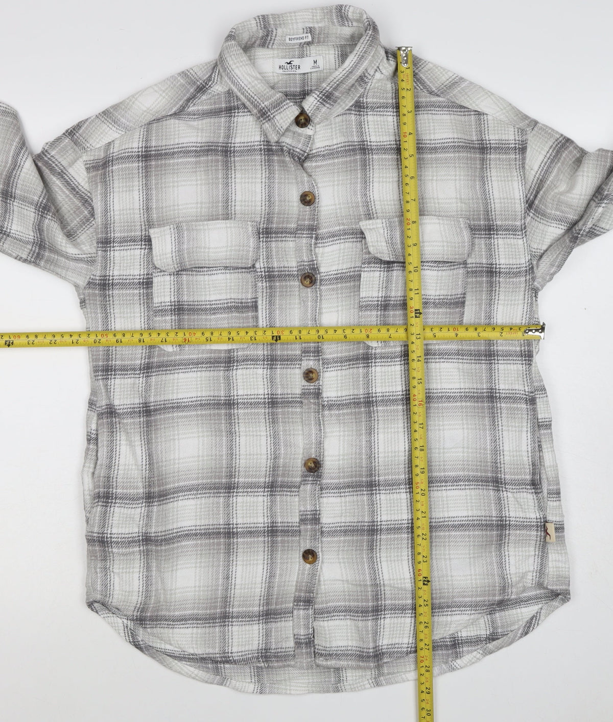 Hollister Men Grey M Plaid Flannel Button-Up Long Sleeve Shirt