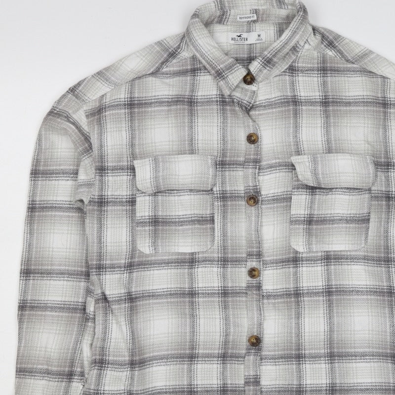 Hollister Men Grey M Plaid Flannel Button-Up Long Sleeve Shirt