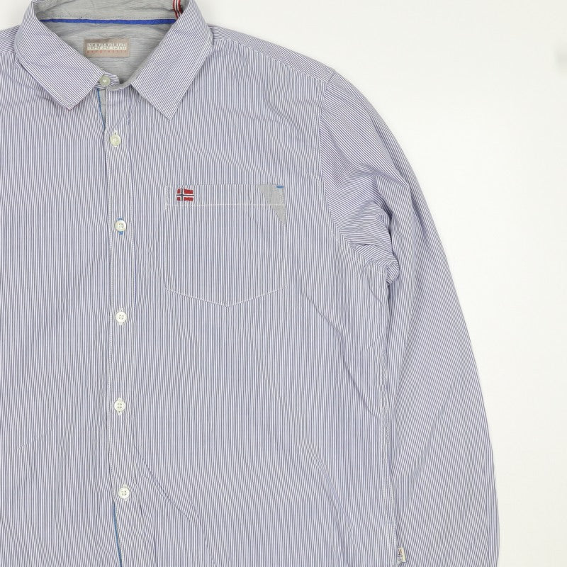 Napapijri Men’s Blue Striped L Cotton Long Sleeve Casual Shirt