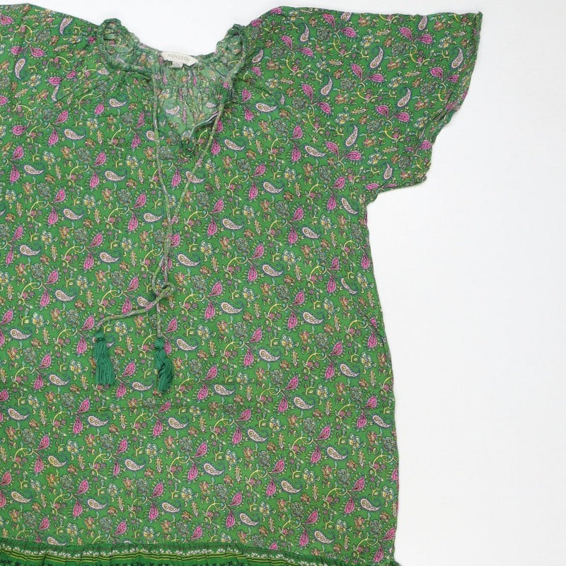 Monsoon Women Green Paisley Midi A-Line Dress Size S Tassel Tie