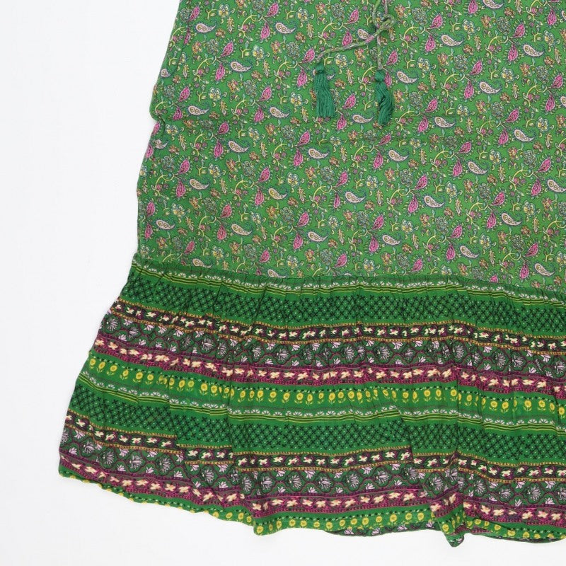 Monsoon Women Green Paisley Midi A-Line Dress Size S Tassel Tie