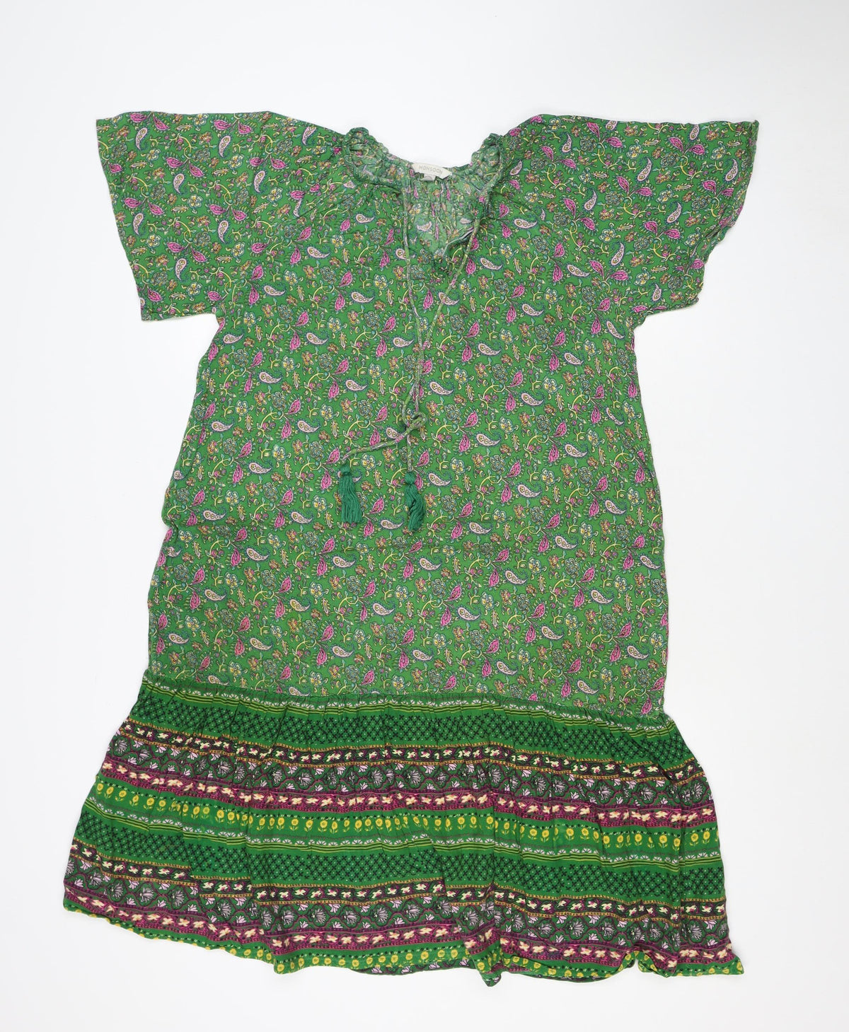 Monsoon Women Green Paisley Midi A-Line Dress Size S Tassel Tie