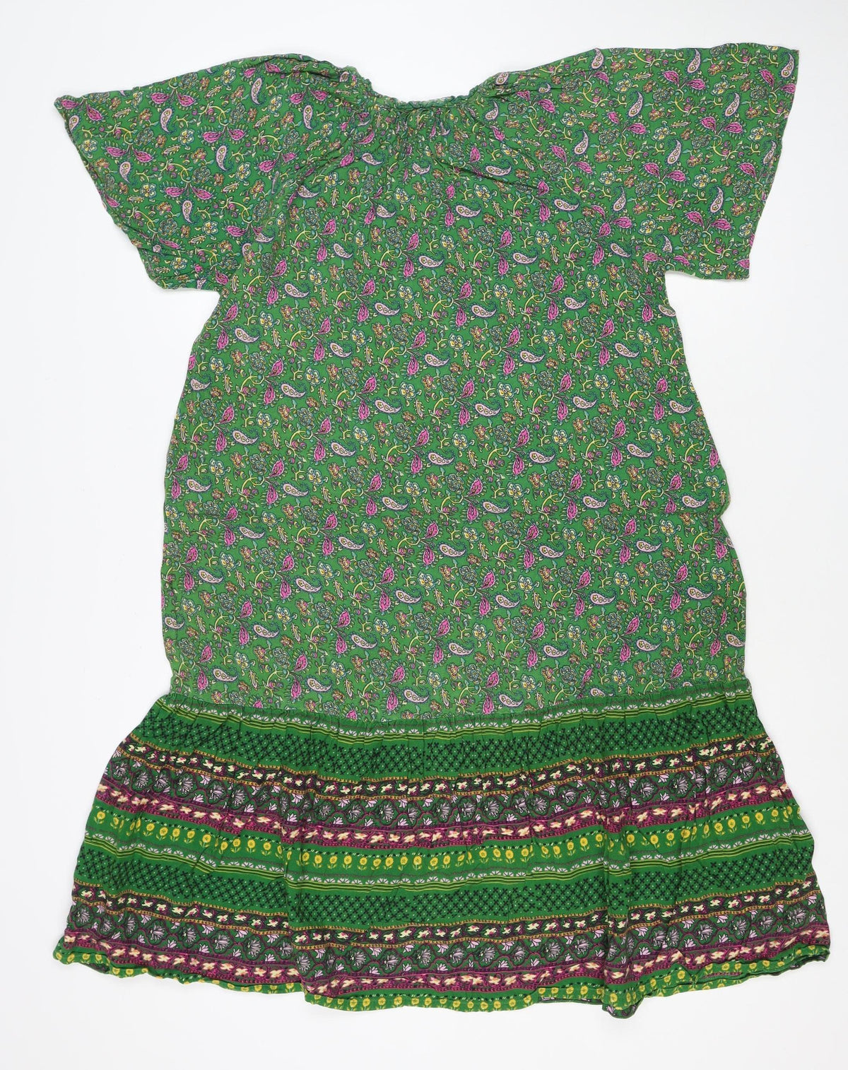 Monsoon Women Green Paisley Midi A-Line Dress Size S Tassel Tie
